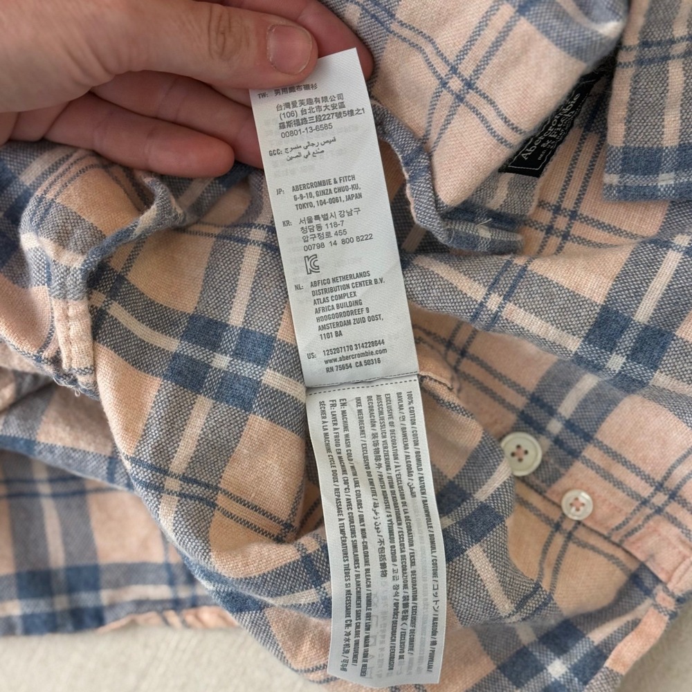 Abercrombie & Fitch Mens‎ XL Flannel Plaid Button Down Peach Blue Long Sleeve - Picture 8 of 8
